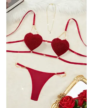 ClassyWear 'RED VALENTINE' Sexy lingerie setje met teddy bont en gouden ketting - rood