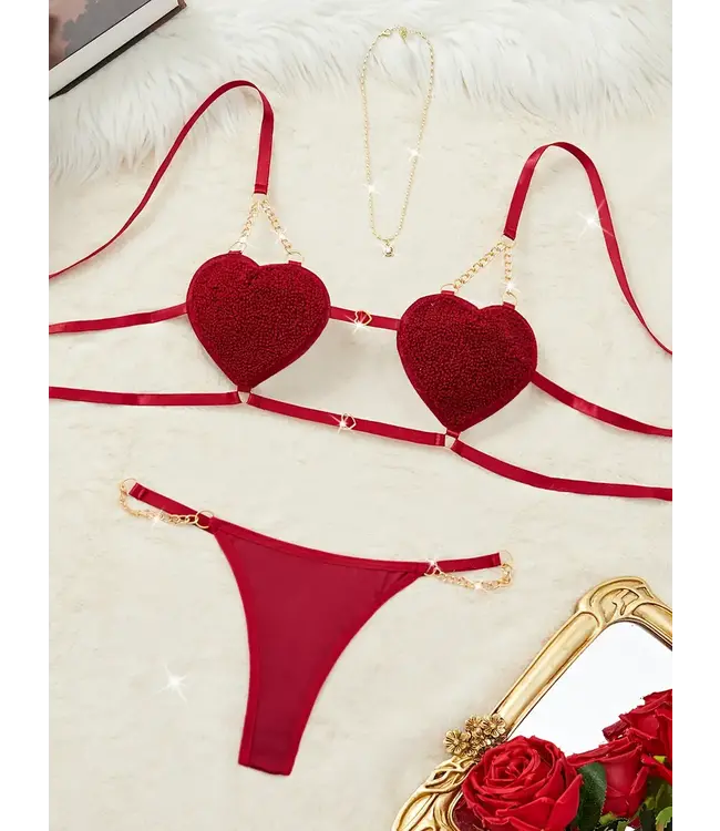'RED VALENTINE' Sexy lingerie setje met teddy bont en gouden ketting - rood