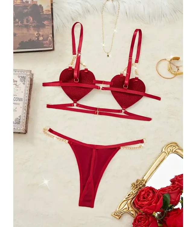 'RED VALENTINE' Sexy lingerie setje met teddy bont en gouden ketting - rood