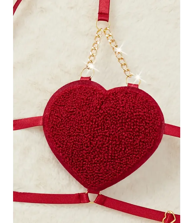'RED VALENTINE' Sexy lingerie setje met teddy bont en gouden ketting - rood