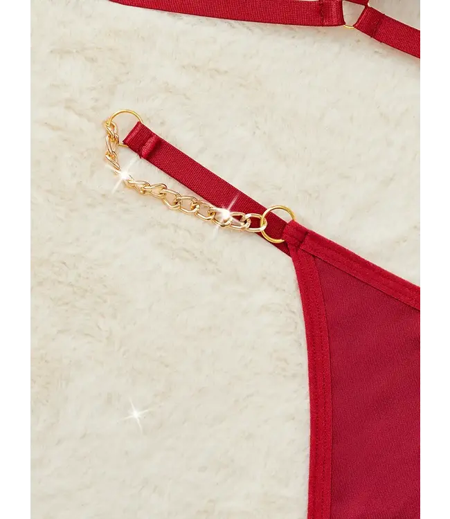 'RED VALENTINE' Sexy lingerie setje met teddy bont en gouden ketting - rood