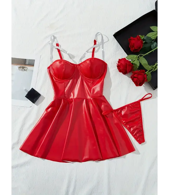 Sexy lovely wetlook jurkje met string - rood