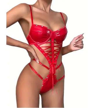 ClassyWear Sexy laklook bodysuit lingerie met studs - rood