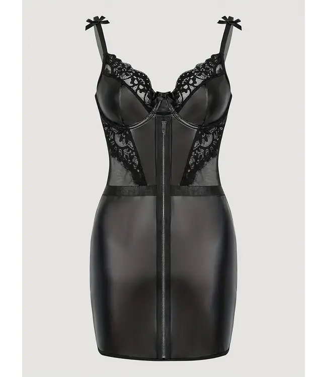 Sexy wetlook jurkje lingerie met zip en kant - zwart