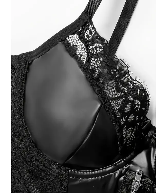 Sexy wetlook jurkje lingerie met zip en kant - zwart