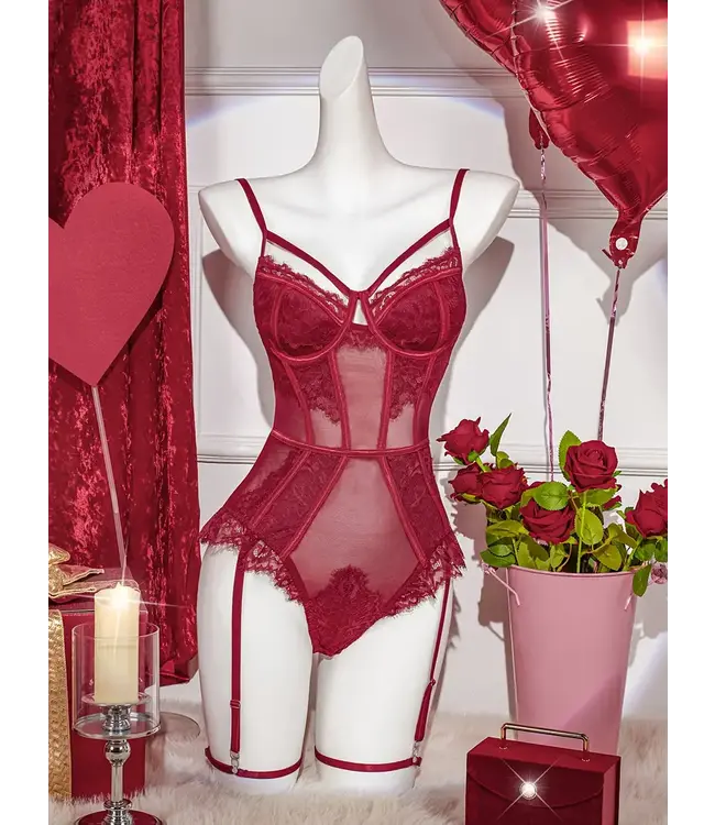 Valentijn Kanten bodysuit lingerie met mesh - bordeauxrode