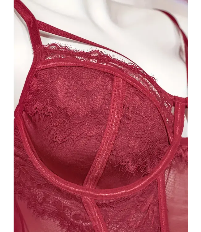 Valentijn Kanten bodysuit lingerie met mesh - bordeauxrode