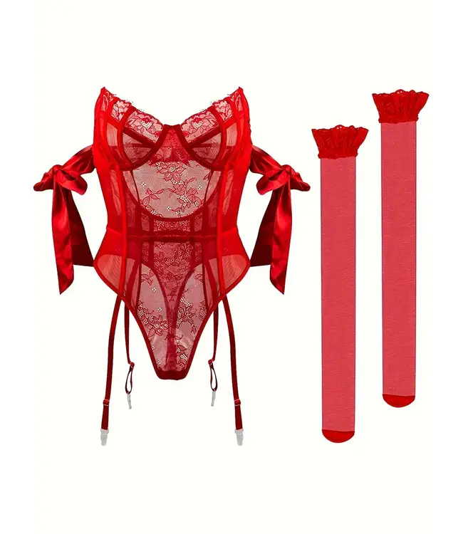 Luxe kanten bodysuit lingerie met kousen setje - rood