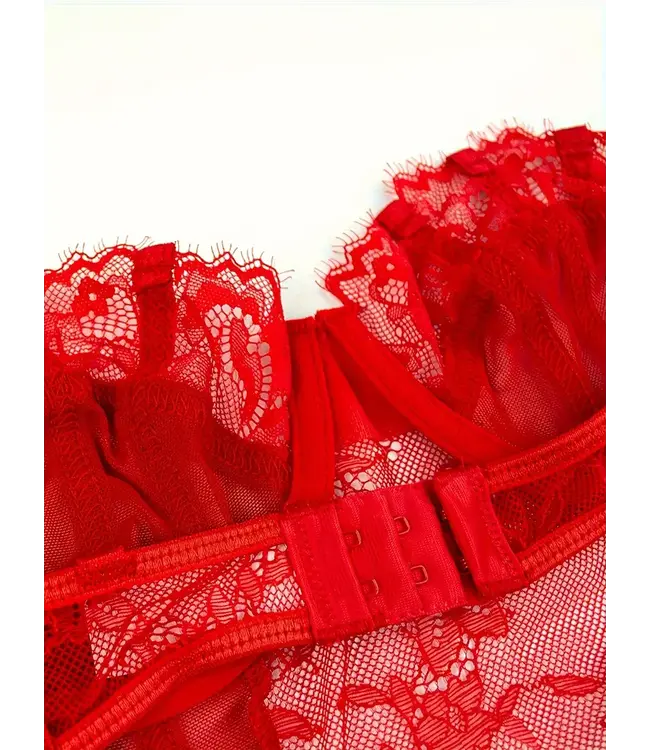 Luxe kanten bodysuit lingerie met kousen setje - rood