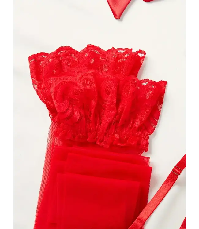 Luxe kanten bodysuit lingerie met kousen setje - rood