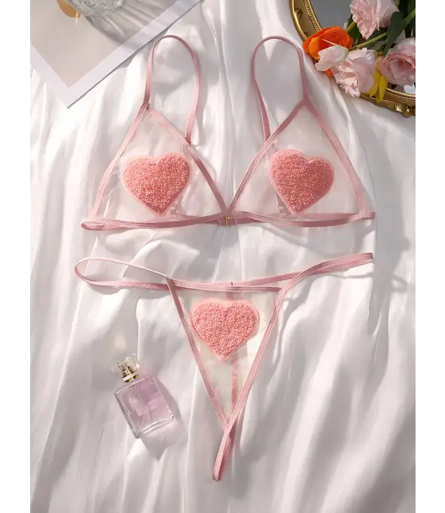 'Cute heart' sexy mesh lingerie setje met teddy bont - roze
