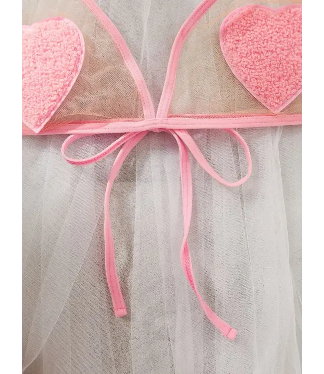 'Cute heart' sexy mesh lingerie setje met teddy bont - roze