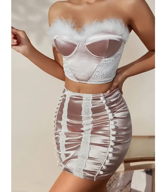 Sexy satijnen topje en rokje met bont en kant - roze