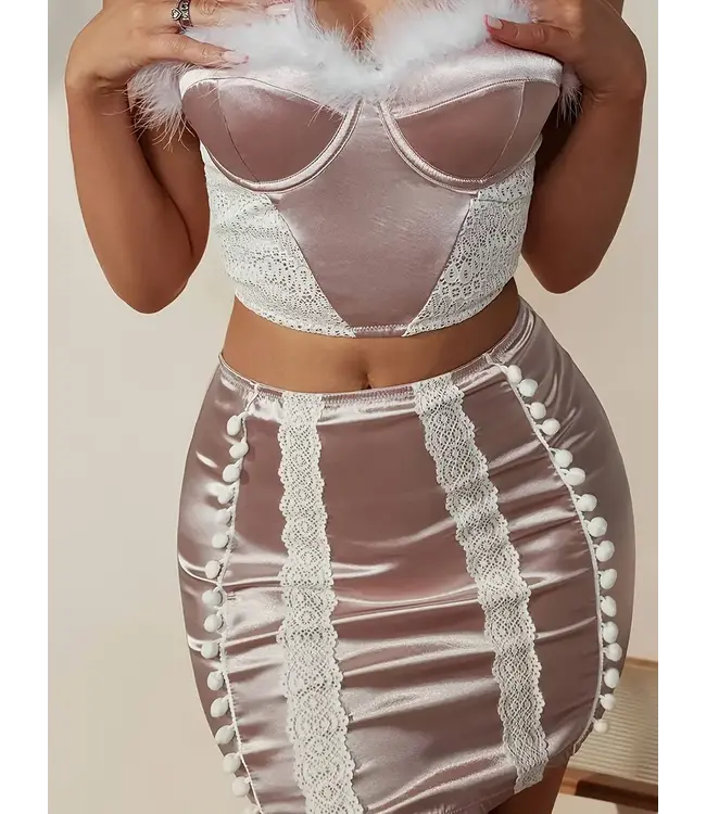 Sexy satijnen topje en rokje met bont en kant - roze