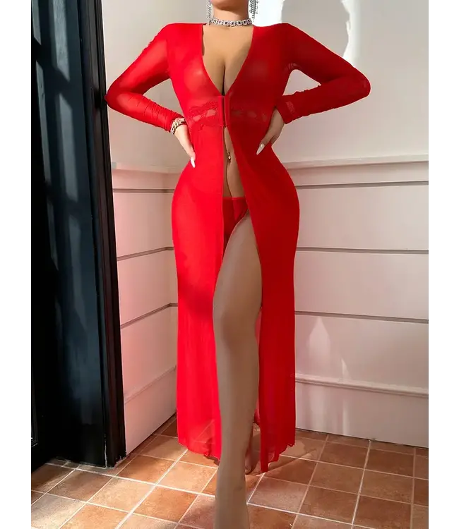 Sexy lingerie kimono nacht jurkje met kant - rood