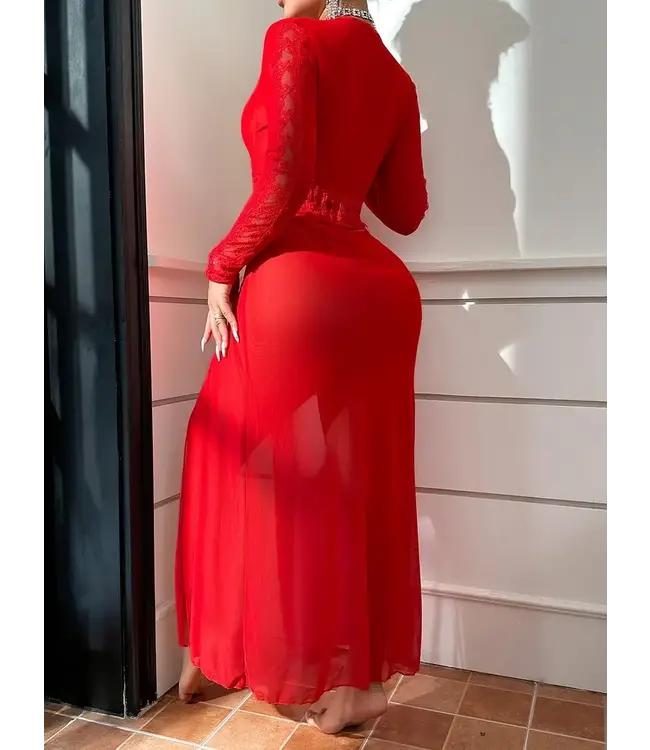 Sexy lingerie kimono nacht jurkje met kant - rood