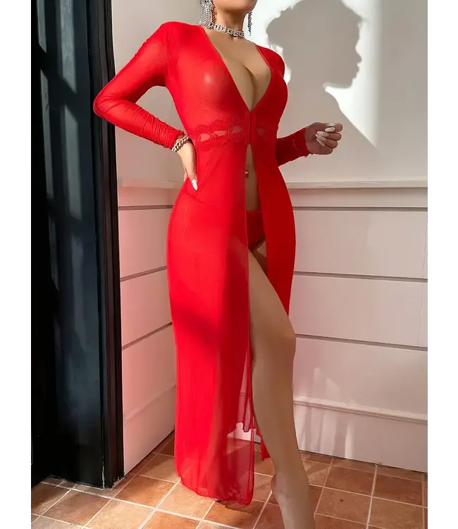 Sexy lingerie kimono nacht jurkje met kant - rood