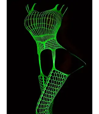 ClassyWear WOW! Sexy glow in the dark stocking lingerie met open kruis  - groen glow
