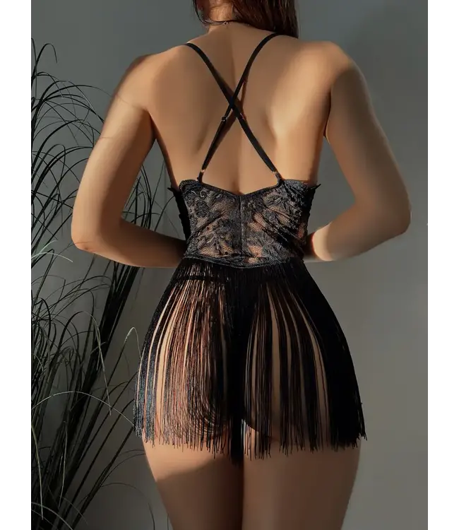 Elegante kanten lingerie jurkje met fringe - zwart