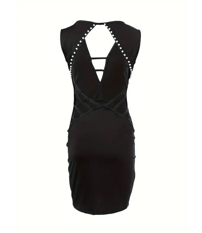 Elegante sexy jurkje met open rug en cut outs en parels decoratie - zwart