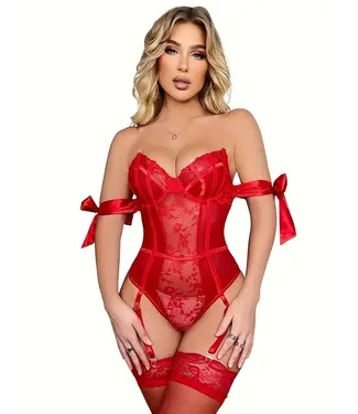ClassyWear Luxe kanten bodysuit lingerie met kousen setje - rood