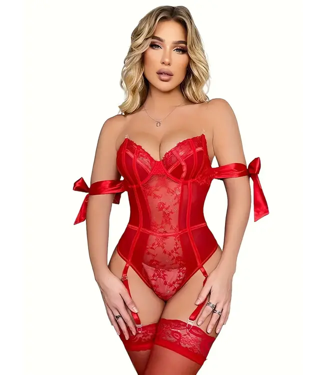Luxe kanten bodysuit lingerie met kousen setje - rood