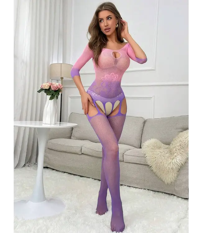 Sexy openkruis visnet bodystocking - rozepaars