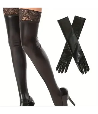 ClassyWear Sexy shimmer leatherlook kousen met handschoenen setje - zwart