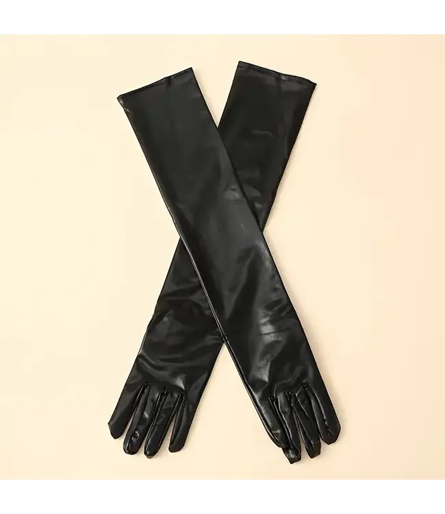 Sexy shimmer leatherlook kousen met handschoenen setje - zwart