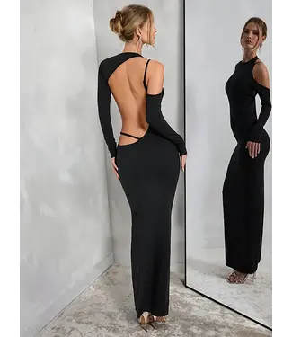 ClassyWear Luxe elegante maxi lang jurk met open rug - zwart