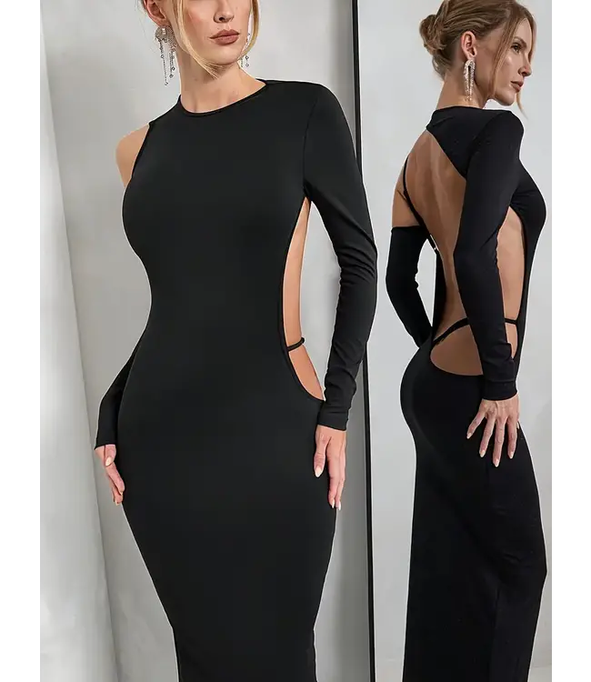 Luxe elegante maxi lang jurk met open rug - zwart