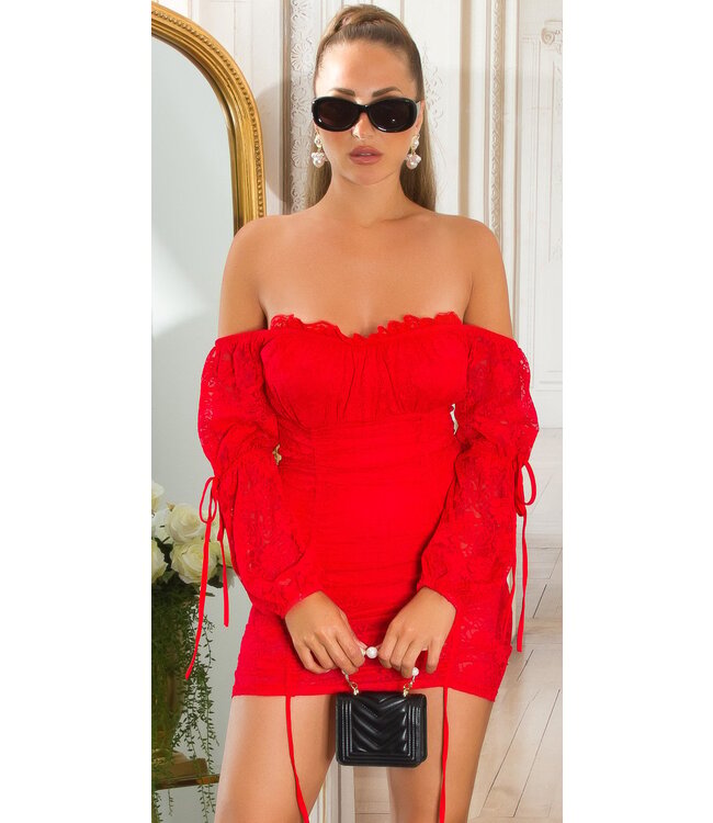 Sexy cutie kanten jurkje met off shoulders - rood