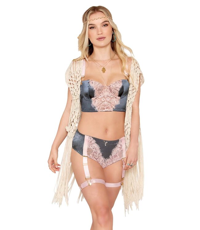 Luxe french satijnen met kant BH en ondergoed set met kousenband -grijs/roze