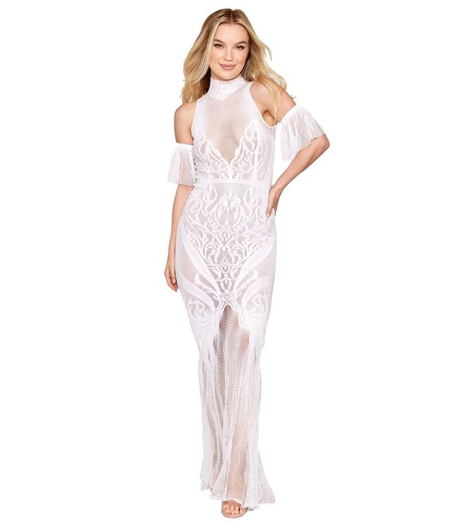 Sexy elegante bodystocking lang jurk met visnet en kant - wit