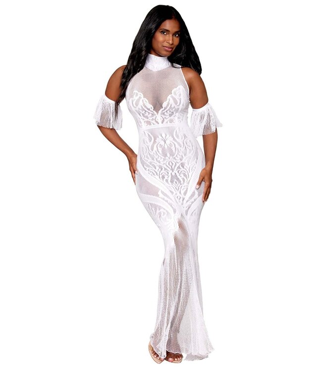 Sexy elegante bodystocking lang jurk met visnet en kant - wit