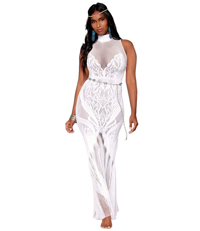 Sexy elegante bodystocking lang jurk met visnet en kant - wit