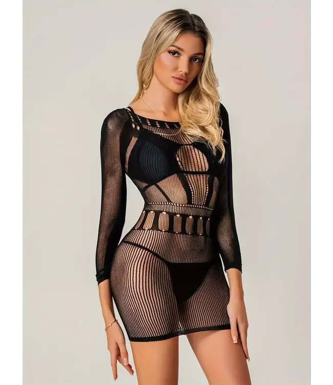 Sexy visnet bodystocking jurkje - zwart