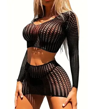 ClassyWear Sexy visnet lingerie topje met rokje - zwart