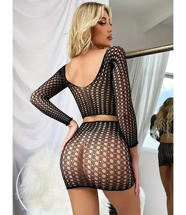 Sexy visnet lingerie topje met rokje - zwart