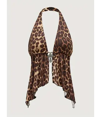 ClassyWear Sexy zachte open rug topje met kruis decoratie - panter