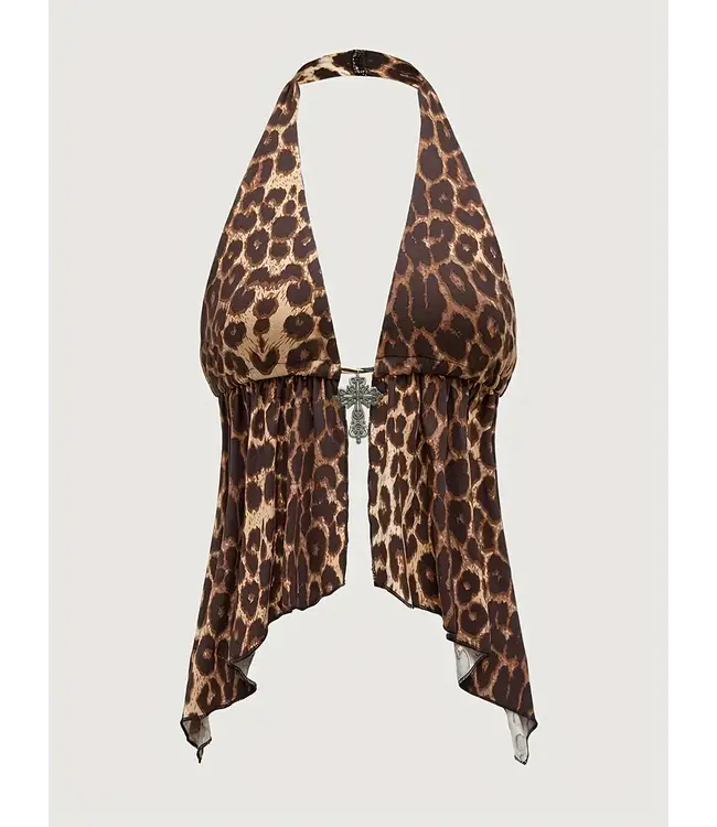 Sexy zachte open rug topje met kruis decoratie - panter