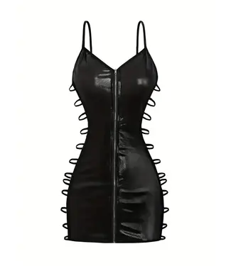 ClassyWear Sexy wetlook/leatherlook holle jurk met rits en string - zwart