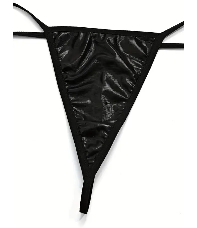 Sexy wetlook/leatherlook holle jurk met rits en string - zwart