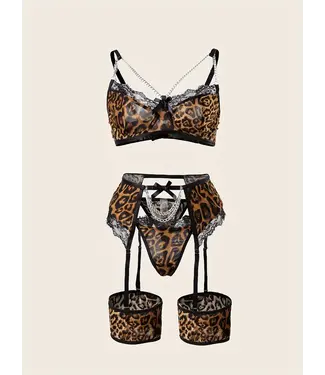 ClassyWear Sexy 4-delige lingerie set met ketting en kant - leo