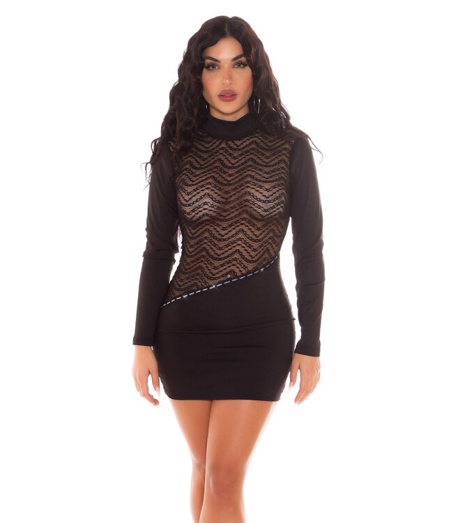 Sexy hoge nek doorzichtige jurkje met kant en rits - zwart