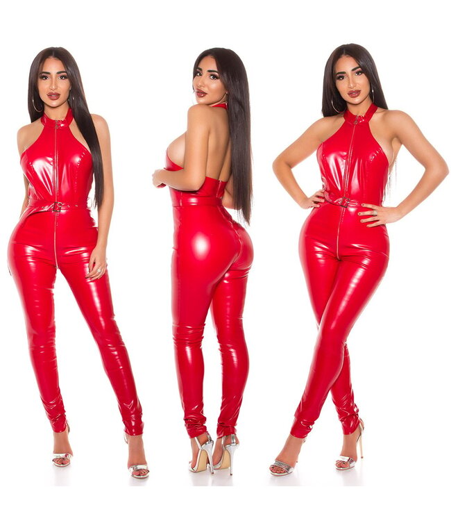 Sexy wetlook doorlopende rits  jumpsuit met riem en open rug - rood