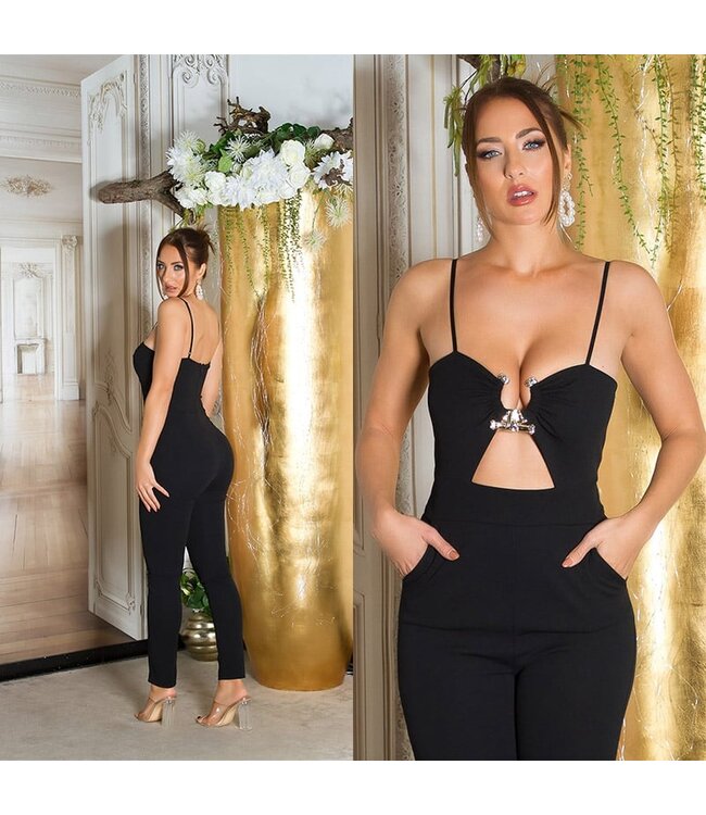 Sexy jumpsuit met cut-out en decoratie - zwart