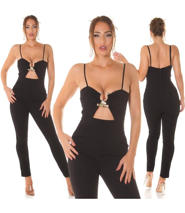 Sexy jumpsuit met cut-out en decoratie - zwart