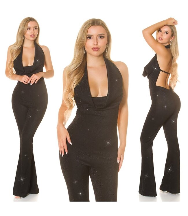 Sexy glitter jumpsuit met open rug en waterval nek - zwart