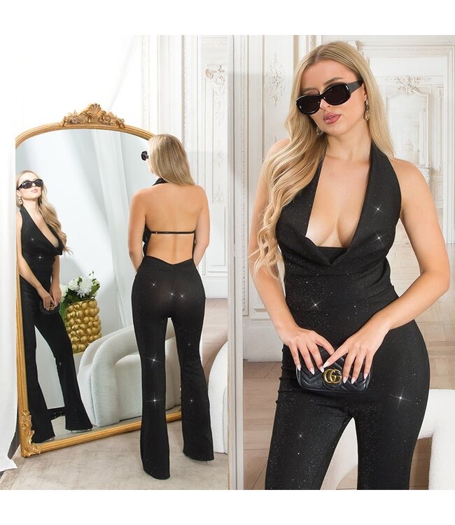 Sexy glitter jumpsuit met open rug en waterval nek - zwart